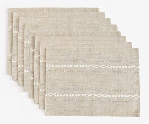 Hemstitched Cotton Linen Place Mats Set of 8 - Coffee Embroidered, Boho Table Decor