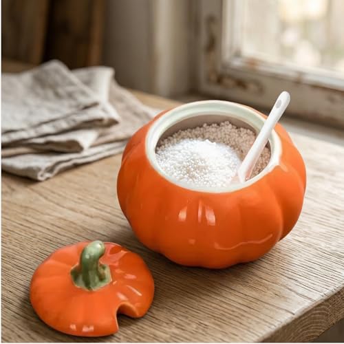 Ceramic Salt Cellar with Lid & Spoon - 10 OZ Orange Salt Box for Countertop