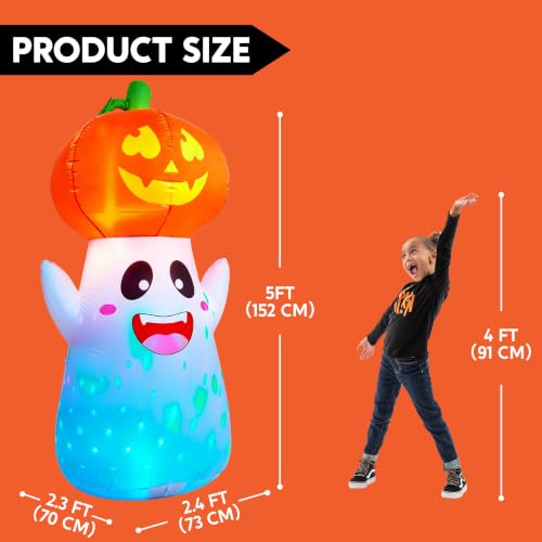 Red Halloween Inflatable Ghost Pumpkin with Colorful Flashing Lights - 5FT Yard Decor