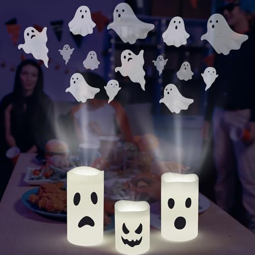 Halloween Ghost Projector Candles Set - Flameless LED Party Decor - 3 Pieces - Ghost Variation