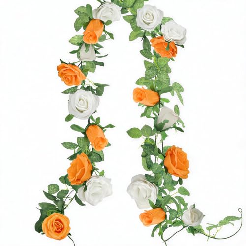 GREENTIME 2-Pack Orange White Flower Garland - 6.5Ft Rose Vine Decor