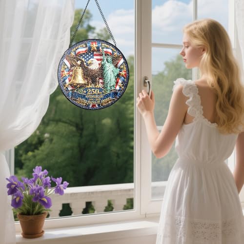 Stained Glass Window Hanging - USA Independence Suncatcher with American Flag Variation