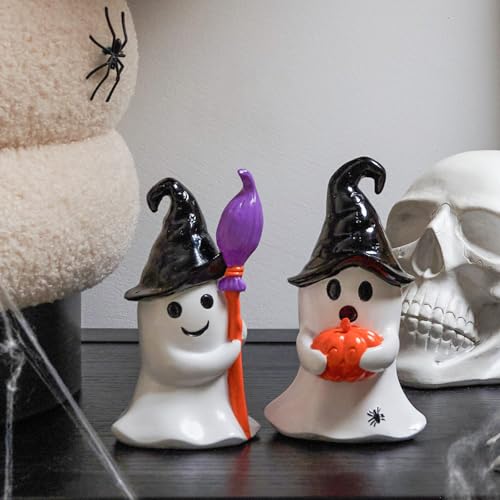 Halloween Ghost Figurines Set of 2 - Indoor Table Decor, White Black Orange Variations