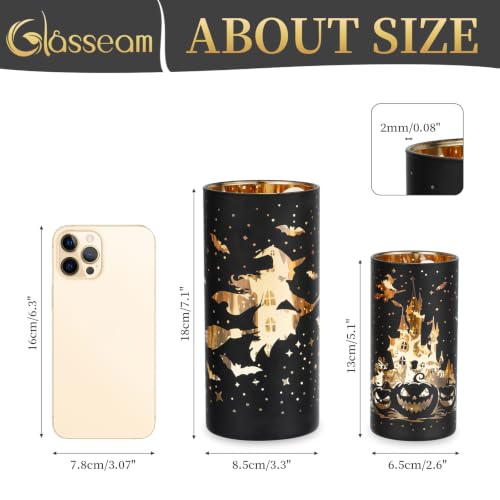 Halloween Candle Holders Set - Black Gold Glitter Pillar Decor, 2 Pcs