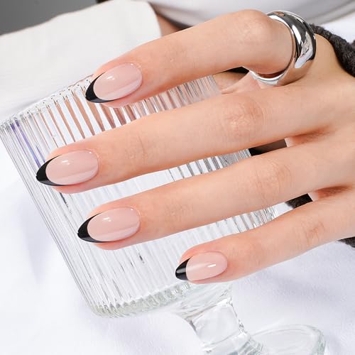 Black French Tip Press On Nails - Short Almond Fake Nails with Glue & Remover, Reusable Manicure Kit