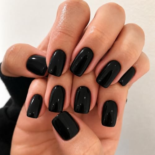 Short Squoval Press-On Nails - Solid Black, 30Pcs, 15 Sizes, Variation: Short Square Round Black