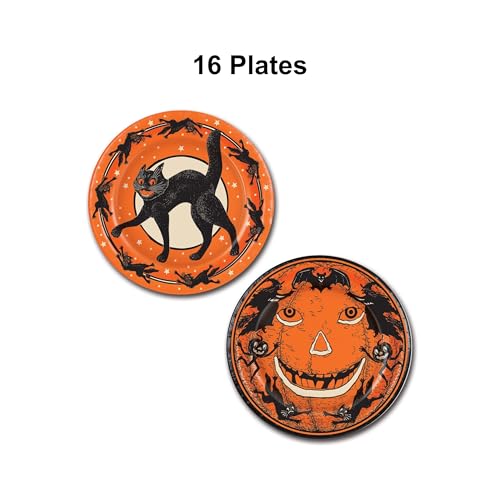 Vintage Halloween Party Plates - Black Cat & Pumpkin Design, 16 Pack, 9-Inch