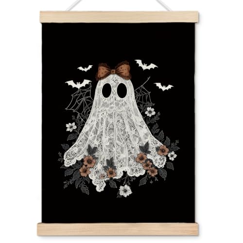 Gothic Witchy Halloween Lace Ghost Canvas Wall Art - 12x16, Linen Style Decor