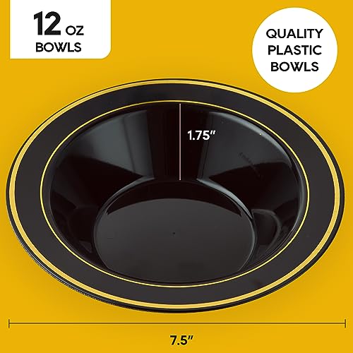 Disposable Black Soup Bowls 50 Pack - 12oz Elegant Gold Rim Design