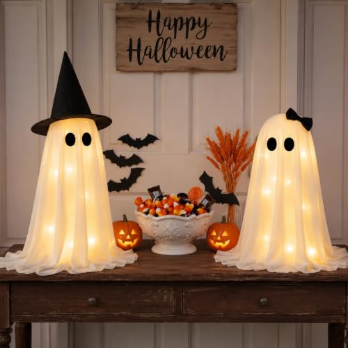 LED Halloween Ghost Decorations 2-Pack Indoor Light Up Ghosts with Soft Polyester