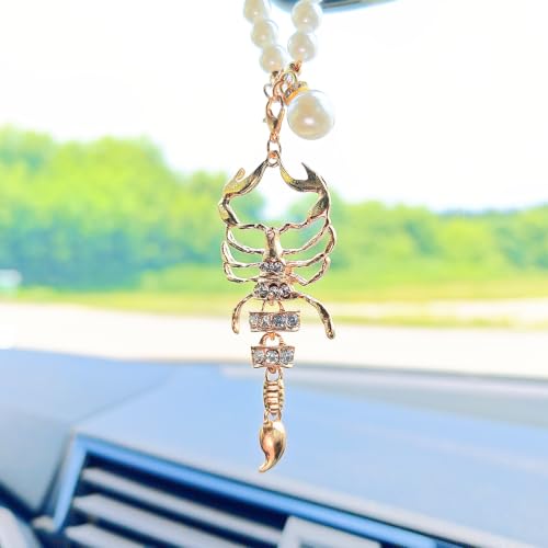 Golden Bling Scorpion Rear View Mirror Charm with Pearl Chain – Car Decoration