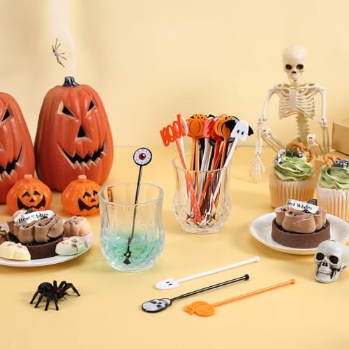 Halloween Cocktail Stir Sticks 120 Pack - Spooky Skulls Pumpkins Ghosts