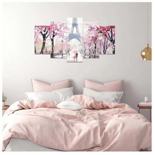 Pink Paris Canvas Wall Art Set - 5 Pieces Eiffel Tower Landscape Prints, White Frame, Romantic Home Decor, Variations: White / 8x14in x2, 8x18in x2, 8x22in x1