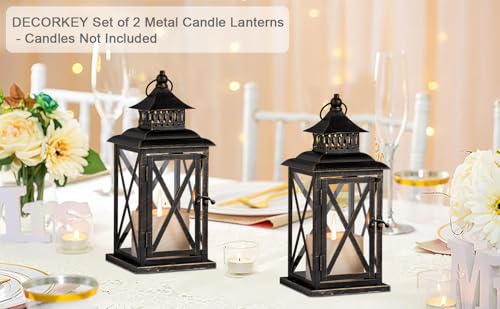 Black Indoor & Outdoor Decorative Lanterns - 2 Pack Large Hanging Candle Holders for Porch & Patio