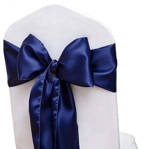 50 Pcs Satin Navy Blue Chair Sashes Bows 7x108 Inches for Weddings & Events - Variation of Navy Blue