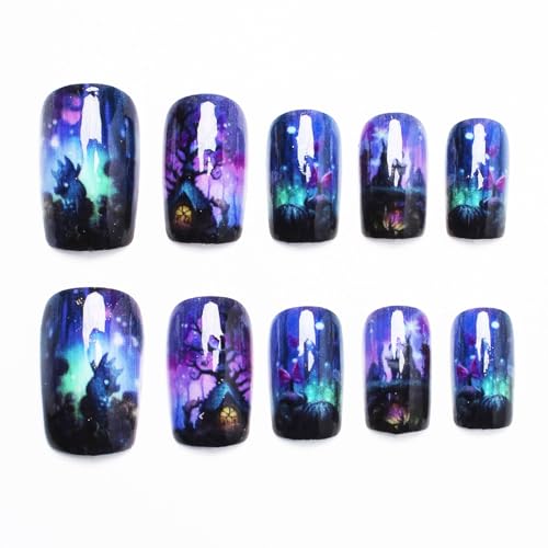 Halloween Press-On Nails Medium Square Fake Nails 24P Set - Witch Forest Design - Variation 27