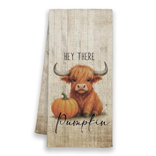Fall Highland Cow Pumpkin Kitchen Towels - Farmhouse Dish Hand Towel, 16x24in, Cow Variation