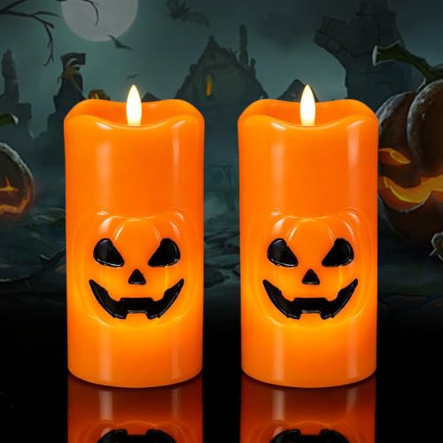 2 Pack Halloween Pumpkin Flameless LED Candles with 6 Hour Timer - Spooky Indoor Decor