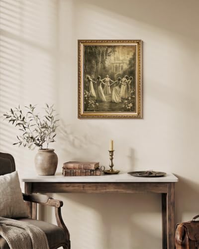 Witches Circle Dance Vintage Gold Framed Canvas Wall Art - 13x16 Inches