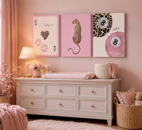 Pink Leopard Canvas Wall Art Set - 16x12 Inches, Preppy Animal Decor for Girls Room