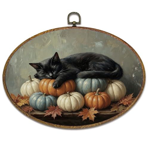 kdqua Fall Black Cat Pumpkin Oval Wall Art Decor - Fall Cat Variation