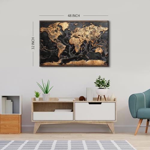 48 Inch Large Canvas World Map Wall Art - Black & Gold Office Decor - Abstract Golden Map Print - Boys & Men Bedroom Home Accent
