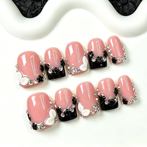 Handmade Short Black French Tip Press On Nails - Square Fake Nails with Variation: Handmade-Designs2