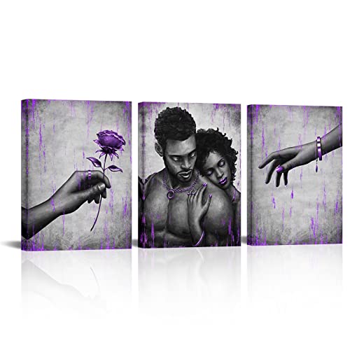 African American Couple Wall Art Canvas Set - Purple & Gold 12x16x3