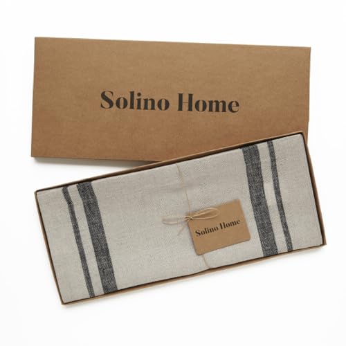 Pure Linen Table Runner Black & Natural French Stripe 14x48 Inches - Handcrafted
