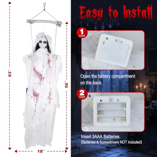 Halloween Swinging Ghost Girl Hanging Prop Indoor Outdoor Decorations with Sound & LED Eyes