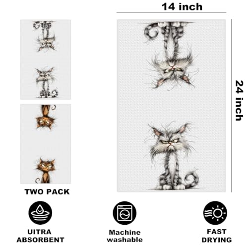 2 Pcs Funny Cat Kitchen Towels - Multi 1637 Cute Cat Gift Reusable Hand Towels