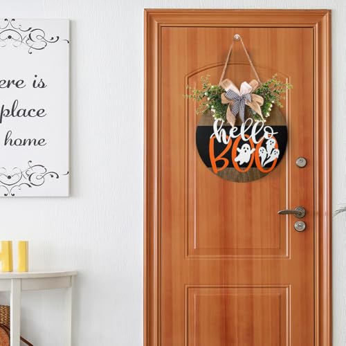 Cute Ghost Halloween Door Sign 12 Inch Wreath for Front Door - Farmhouse Halloween Decor with Hanging Rope - Variation: 12x12 Inches