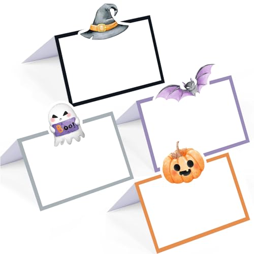 Halloween Buffet Food Labels - 48 Pack Folded Place Cards for Parties - Halloween Variation