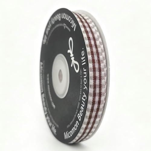 Brown and White Gingham Ribbon with Lace Edge - 3/8 Inch, 25 Yards