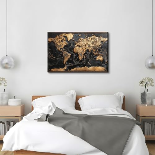48 Inch Large Canvas World Map Wall Art - Black & Gold Office Decor - Abstract Golden Map Print - Boys & Men Bedroom Home Accent