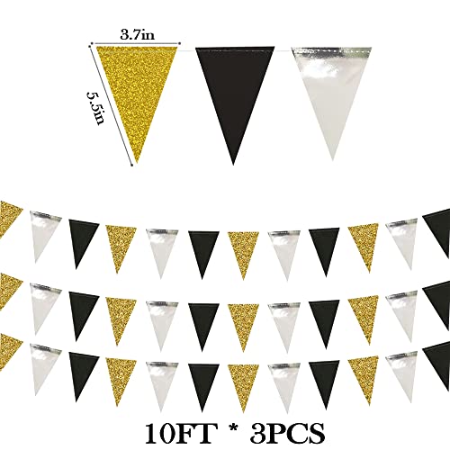 Black Gold Silver Party Banner Set - Glitter Triangle Garland for Celebrations