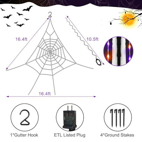 Outdoor Halloween Spider Web Decorations with 260 LED Lights, Waterproof, 16.4 ft Large Web with Spider & Stakes