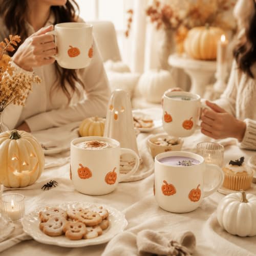 Halloween Pumpkin Mug Set of 4 - 16oz Ceramic Coffee Cups, Festive Jack-o'-Lantern Design