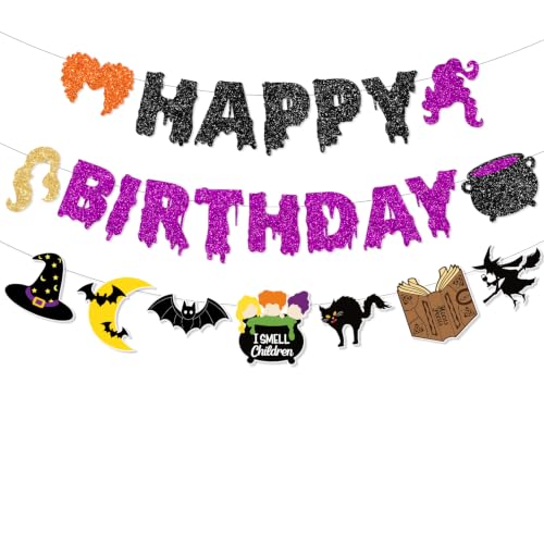 Halloween Birthday Banner Decorations Witches Glitter Black - 3 Pack