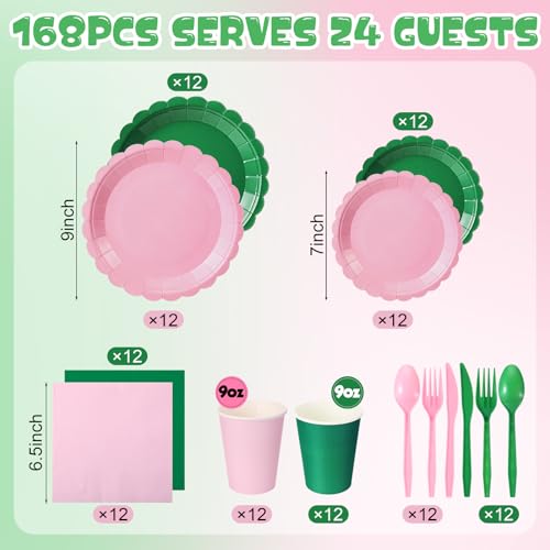 Pink and Green Party Supplies 168pcs Set - Paper Plates Cups Napkins