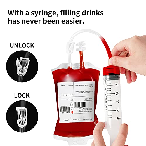 Halloween Blood IV Bag Drink Set with 50 Bags, 50 Labels, 50 Clips, 3 Syringes - Reusable Zombie Party Decorations