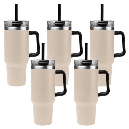 Cream 5 Pack 40 Oz Insulated Stainless Steel Tumblers with Lid Straw & Handle - Customizable Drinkware