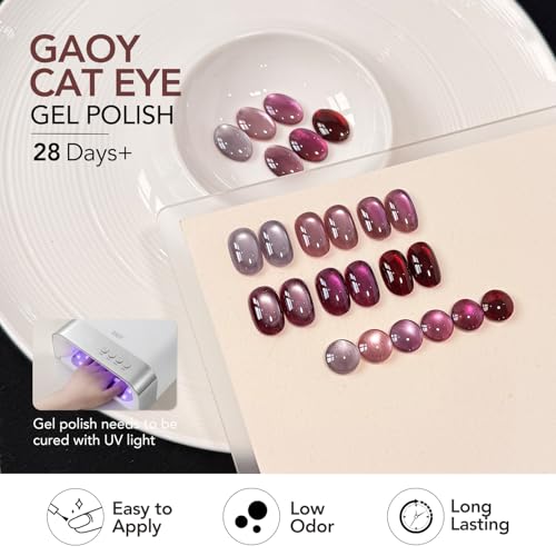 GAOY Purple Red Cat Eye Gel Nail Polish Kit with Magnet - Grape Amethyst, 6 Colors