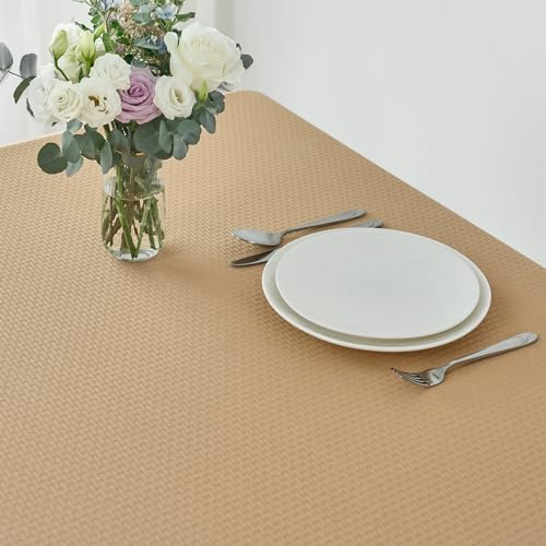 Maxmill Rectangle Tablecloth 52 x 108 Inch Weaved Pattern Waterproof Spillproof Fabric Beige