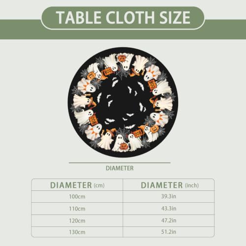 Black Halloween Round Fitted Tablecloth 44 Inch Spooky Ghosts Pumpkins Bats Waterproof Decor