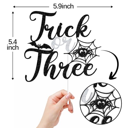 Black Glitter Trick or Three Cake Topper Halloween Birthday Decorations