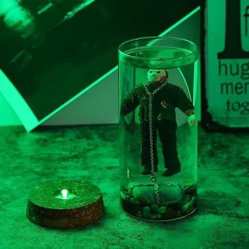 Horror Movie Ornament with Green LED Light - Jason in Glass Container - Unique Halloween Decor