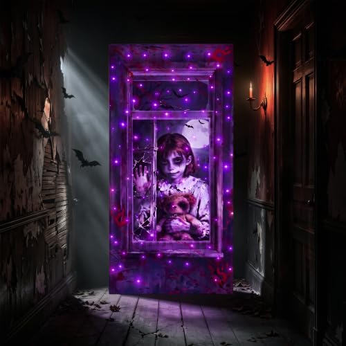 Purple Halloween Door Cover with Lights 37x81 Inch - 8 Modes, Weatherproof, Timer
