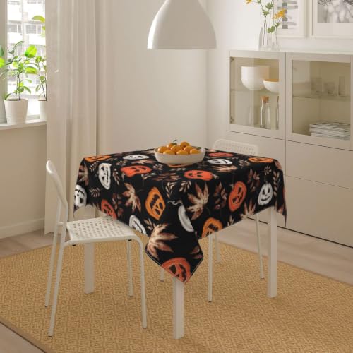 Halloween Pumpkin Maple Leaf Square Tablecloth 54 Inch Burnt Orange & White Fall Decor