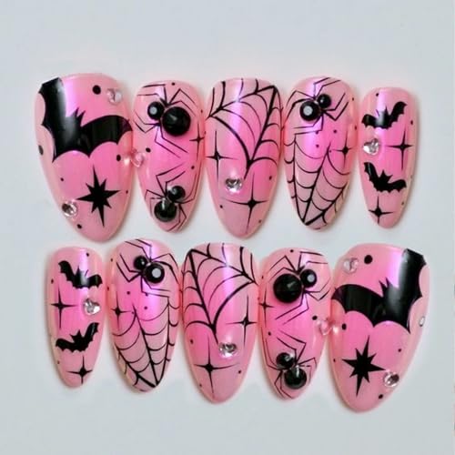 Halloween Press On Nails Pink Chrome Spider Web Bat 3D Rhinestones Set - Variation 2433